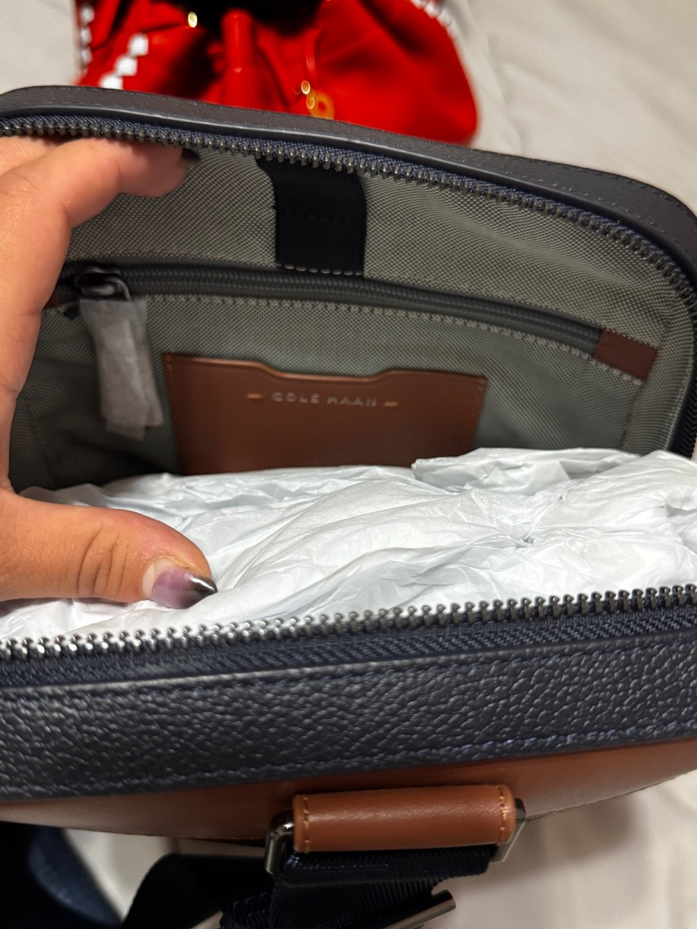 Cole Haan Navy and British Tan Leather Sling Bag - Picture 7 of 9